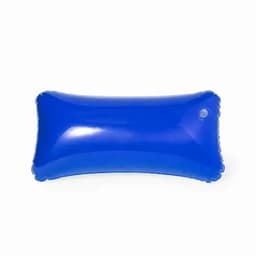 A blue inflatable pillow with a smooth surface and a round hole for inflation.