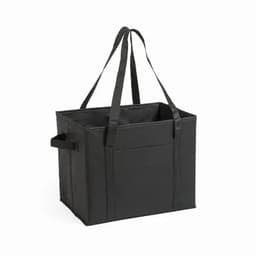 A black tote bag with two handles and a side pocket, made of sturdy material.