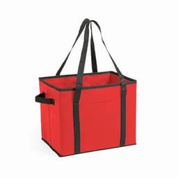 A red promotional cooler bag with black straps and a spacious, open interior. It features a sturdy design.