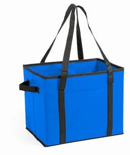 A blue insulated tote bag with black handles and trim, featuring an open top and a side pocket.