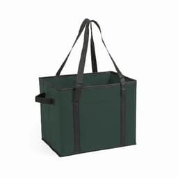 A storage tote in dark green with black handles and an open design, featuring sturdy sides and a rectangular shape.