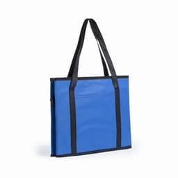 A blue tote bag with black handles and detailing. The bag has a simple, rectangular shape and no visible logos.