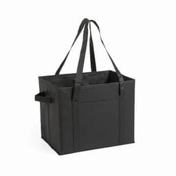 A black tote bag with two long handles and a spacious interior for carrying items. It features a side pocket.