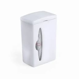 A white waste bin with a curved slot on the front for easy disposal of trash.