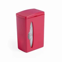 A red waste bin with a curved top and a slot for disposal, featuring a logo on the front.