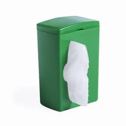 A green tissue or waste dispenser with a white pull-out section for easy access to tissues.