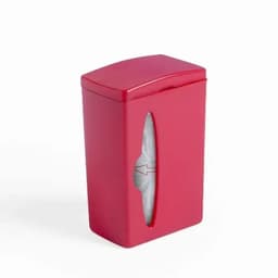 A red bin with a curved top and a slot for disposal, featuring a white liner inside. It has a logo on the side.