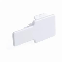 A white plastic clip with a rectangular shape, featuring a smooth surface and a simple design.