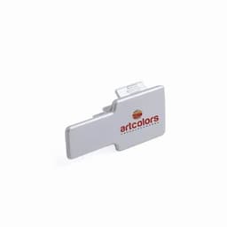A white promotional product with a clip, featuring a logo on the front.