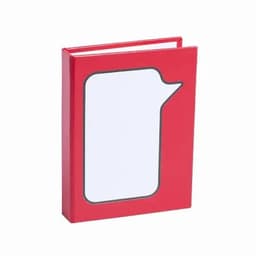 A red book with a speech bubble design on the front cover. It features a blank page for writing.