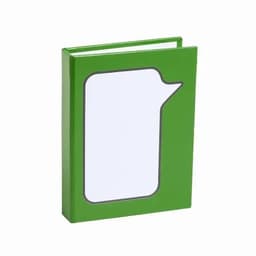 A green binder with a speech bubble cutout on the cover, featuring a blank white interior.