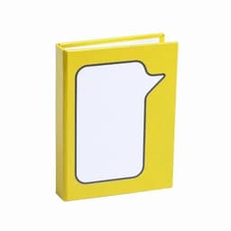 A yellow notebook with a speech bubble design on the cover and a white interior. It has a logo on the back.