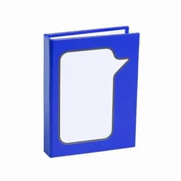 A blue book with a speech bubble design on the cover and a white inner page. It features a logo on the front.
