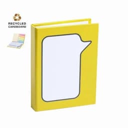 A yellow folder made from recycled cardboard featuring a blank speech bubble design. Includes various coloured pages inside.