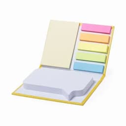A notepad set with sticky notes in various colours, presented in a yellow case with a speech bubble shape.