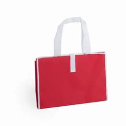 A red tote bag with white handles and trim, featuring a simple design and open top.
