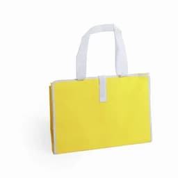 A yellow promotional bag with white handles, featuring a simple design and a flap closure.