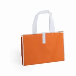 An orange tote bag with white handles and a simple design. It features a rectangular shape and a secure closure.