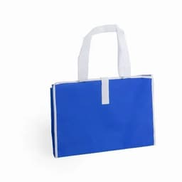 A tote bag in vibrant blue with white handles and a minimalistic design. Features a logo on one side.