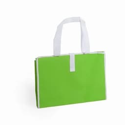 A green tote bag with white handles and a simple design. It features a secure top closure.