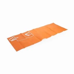 An orange promotional mat with a white design, featuring folds for compact storage. Includes a logo.