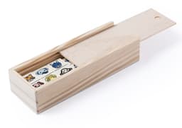 A wooden box featuring a sliding lid, containing colourful, cartoon animal stickers. The box has a simple design.