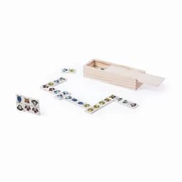 A wooden box containing colourful tiles arranged in a playful layout, featuring various animal designs.