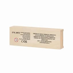 A wooden box with a smooth finish, featuring a logo and various labels on one side.
