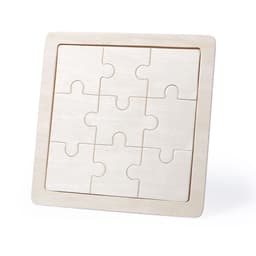 A wooden puzzle with six interlocking pieces arranged in a square frame, featuring a natural wood finish.