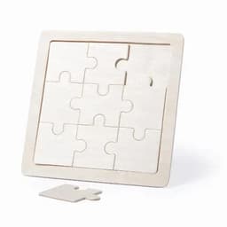 A wooden jigsaw puzzle featuring a nine-piece design with one piece separated from the frame. Light natural wood colour.