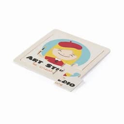 A wooden puzzle featuring a smiling girl with a beret, vibrant colours, and an art studio theme.