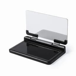 A black desktop stand with a clear adjustable screen and a smooth base. It features a sleek, modern design.