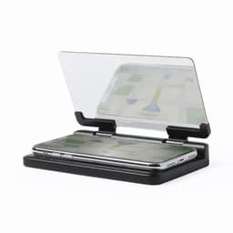 A phone magnifier on a black stand, displaying a map on the screen, with a clear protective cover.