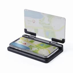 A smartphone stand with a transparent map screen, featuring a black base and supporting two items.