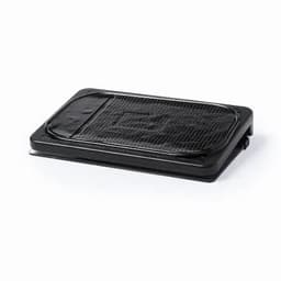 A black rectangular product with a textured surface and a raised edge, featuring a simple design.