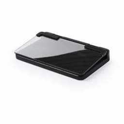 A rectangular black promotional product with a transparent lid and a slim profile. Features a clip on one edge.
