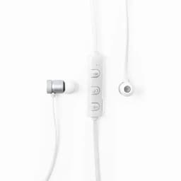 A pair of white in-ear headphones with a control remote and a single earbud visible.