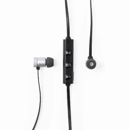 A pair of in-ear headphones with a control panel and a mix of black and silver colours. The design features a sleek, modern look.