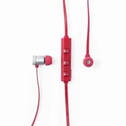 A pair of red earphones with in-ear buds and a control module on the cable.