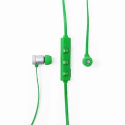 A pair of green earphones with a control button on the cord and a silver accent on one earbud.