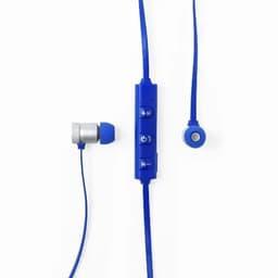 A pair of blue in-ear headphones with a microphone and volume control on the cable.