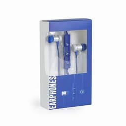 A boxed set of earphones featuring blue and silver design elements, including a controller.
