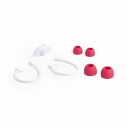A set of earphones with two red earbud tips, two white ear hooks, and two additional earbud tips.