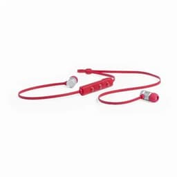 Wireless earbuds with a red cord, featuring grey ear tips and an inline remote control for adjusting volume.