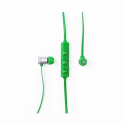 A set of green earphones with a control panel and microphone. The earbuds have a metallic finish.