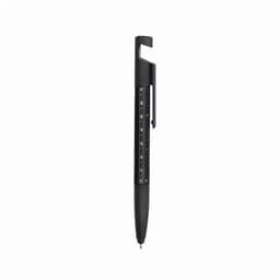A black multifunction pen with a ruler and clip attached. It features a sleek design for writing and measuring.