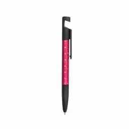 A pink and black pen featuring a ruler, with a clip for attaching to notebooks or pockets.