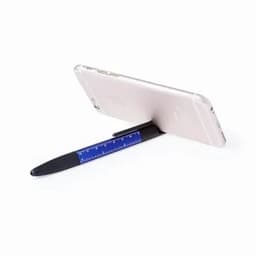A smartphone propped up by a black pen with a blue ruler. The pen is used as a stand for the phone.