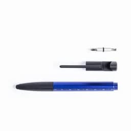 A blue pen with a black grip and a removable cap, accompanied by a spare ink cartridge.