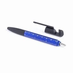 A blue pen with a ruler along its barrel and a black clip attached. The clip is separate from the pen.